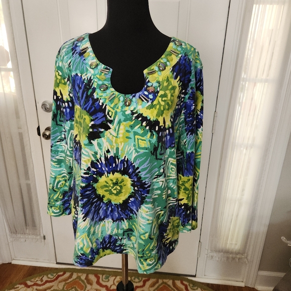 Ruby Rd. Beaded Floral Blues Greens Yellows Top  Size 1X Plus - Picture 2 of 8